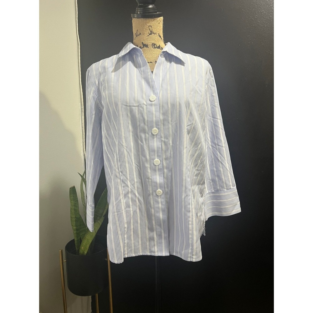 Foxcroft Women's 16 Fitted Non Iron Blue Stripe 3/4 Sleeve Button‎ Down Shirt